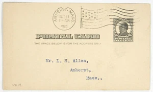 1c Government Postal Card UX19, Amherst, MA. 1910 flag MC, M.A.C. 10/10/10 verso - Picture 1 of 2