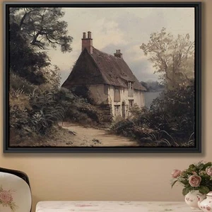 Cottage Landscape Canvas Art Rustic Farmhouse Oil Painting Country Wall Decor - Picture 1 of 9