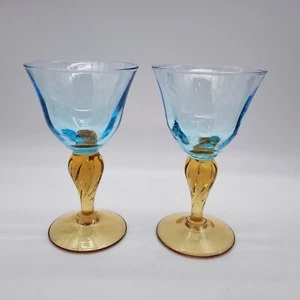 2 EMPOLI ITALY VETRERIA HAND BLOWN ART GLASS AQUA BLUE & AMBER WATER GOBLETS - Picture 1 of 19