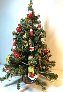 Vintage 18" Decorated Tabletop Christmas Tree w/Wood Toy Mixed Ornaments 318 - Picture 1 of 12