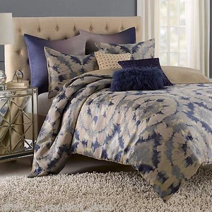 VUE Kavala Full-Queen Duvet Set Beige Blue Geometric Abstract Tie-Dye Boho Chic - Picture 1 of 1