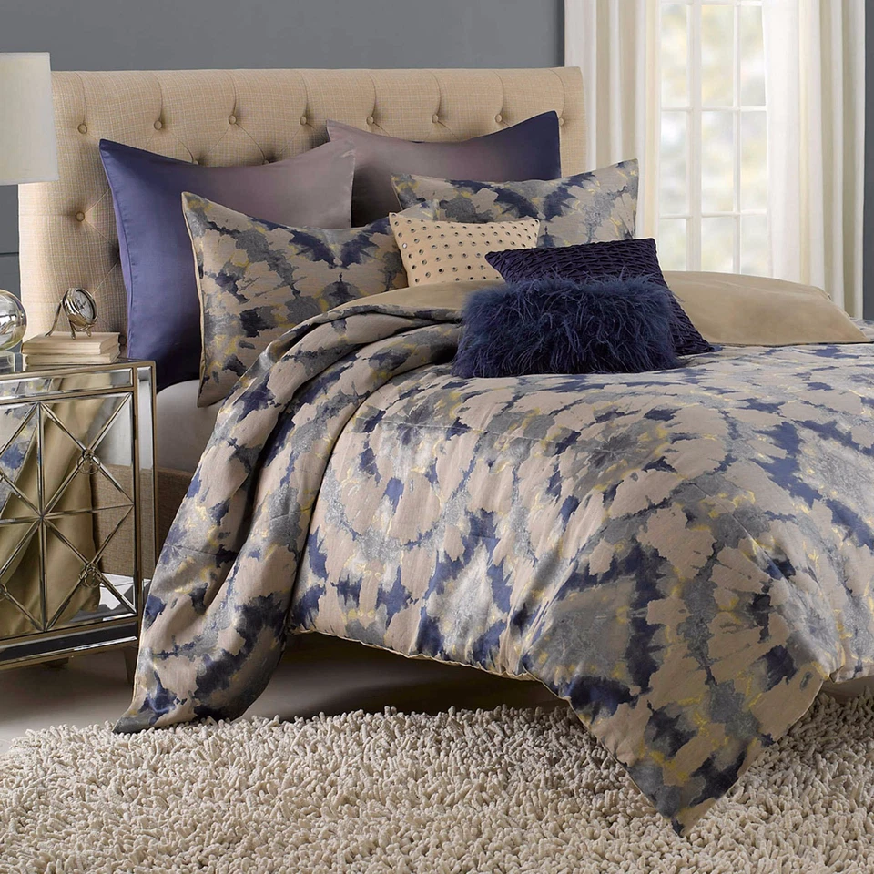 VUE Kavala Full-Queen Duvet Set Beige Blue Geometric Abstract Tie-Dye Boho Chic - Image 1 of 1