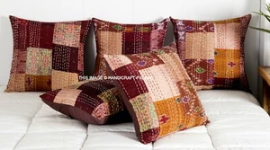 Indian Luxury Brown Silk Patchwork Kantha Work Cushion Covers Handmade 16 x 16" - Picture 1 of 4