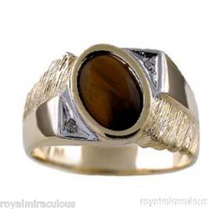 Mens Diamond Ring Tigers Eye Sterling Silver or Gold Plated Silver - Picture 1 of 7