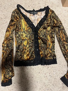 Cardigan vintage Betsey Johnson Snake in velluto stretch con finitura in pizzo piccolo - Foto 1 di 4