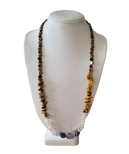 Vintage Tigers Eye Rose Quartz Amethyst Boho Beaded Necklace Barrel Clasp - Picture 1 of 4
