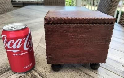 19th C tramp art trinket box, dovetailed w. its original red & black paint - Image 1 of 4
