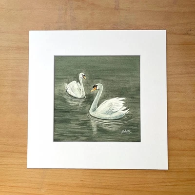 Swans Watercolor Painting, Sage Green, Original Signed with Mat 12x12 inches   - Image 1 of 4