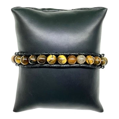 8.5mm Tigerauge Perlen Makramee Armband mit Gelb Katzenauge Center Verstellbar - Bild 1 von 4