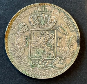 Belgique - Léopold II - Rare et Très Jolie Monnaie 5 francs 1867 avec Point (3) - Picture 1 of 2