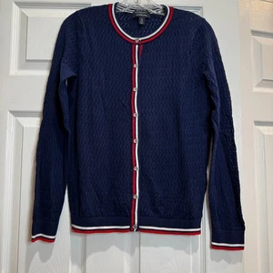 Lands End Womens Knit Cardigan Lace Varsity Stripe Patriotic Classic Preppy Sz M - Picture 1 of 12