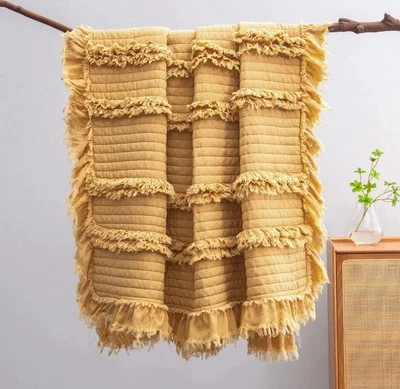 Ultra Soft Pre-Washed Quilted Boho Yellow Twin Size Blankets for Bed, Ruffle ... - Image 1 of 4
