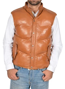 Men's Leather Puffer Vest Genuine Lambskin Leather Quilted Padded Vest Tan Brown - Picture 1 of 7