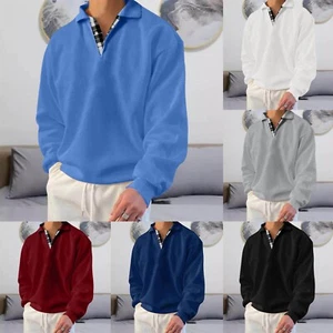Men's Long Sleeve Polo Shirts Casual Thermal Loose Fit Pullover Sweatshirts - Picture 1 of 42