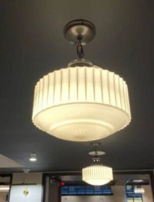 Rare Vintage Elegance: Art Deco Brass & Milk Glass Ceiling Hanging Pendant Light - Image 1 of 3