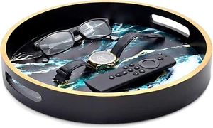 12" round Decorative Serving Tray Coffee Table Ottoman Tray, Black Marble - Coff - Picture 1 of 12