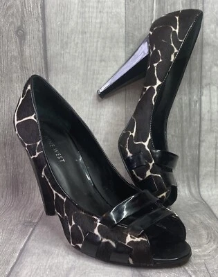 Nine West Black Cream Animal Print Leather Peep Toe Heels Size UK 4.5 (7W) - Image 1 of 4