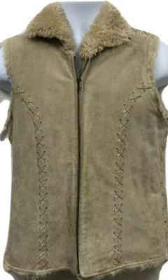 Chaleco con cremallera de gamuza tallada con volantes forro de piel sintética de cuero genuino tostado para mujer talla pequeña Foto 1 de 4