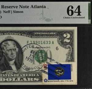 1976 $2 Federal Reserve Note PMG 64 First Day Stamp - Winter Haven, FL 19901633 - Picture 1 of 3
