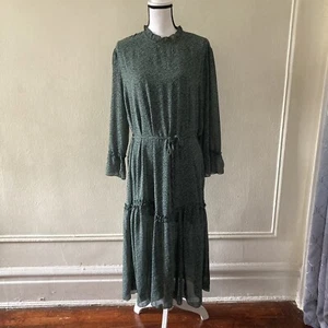 Boho cottage core mock neck bell sleeve green and black printed belted 2XL dress - Picture 1 of 11