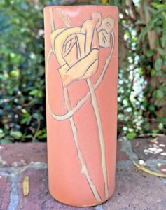 WELLER POTTERY ETCHED MATTE VASE WITH ROSE & STEM - Picture 1 of 6