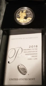 2018 US $100 Preamble "Declaration Of Independence" Platinum  W/Gold Foil - Picture 1 of 4