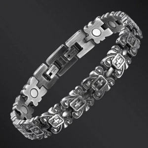 Silver Titanium Retro Medical Magnets Bracelet Cross Crucifix Adjustable Length - Picture 1 of 8