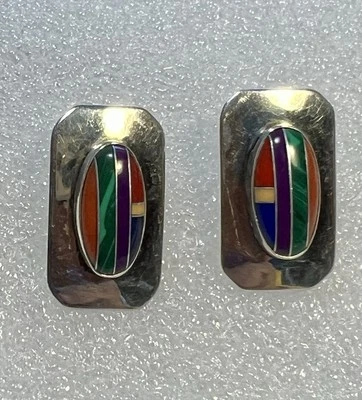 Vintage Zuni Multicolor Stones Rectangular Sterling Silver Earrings - Image 1 of 4