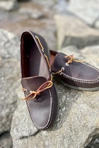 LL Bean 130448 Brown Leather Loafers Boat Slip On Shoes Men's size 8D - Picture 1 of 19