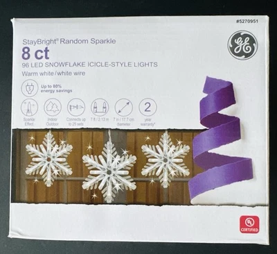 GE StayBright Brillo Aleatorio, 8ct, 96 LED Copo de Nieve Estilo Hielo Blanco Cálido Foto 1 de 4