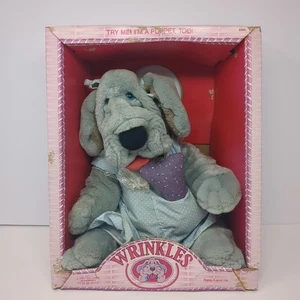 Vintage 1981 Ganz Bros Falten Handpuppe 16 Zoll Hund lila Kleid Knochen Box - Bild 1 von 9