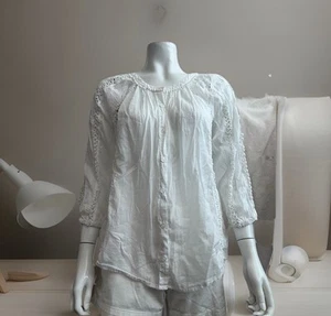 Eri+ Ali By Anthropologie Womens Top Tunic Cotton Sleeves 3/4 Boho Sz S White - Picture 1 of 8