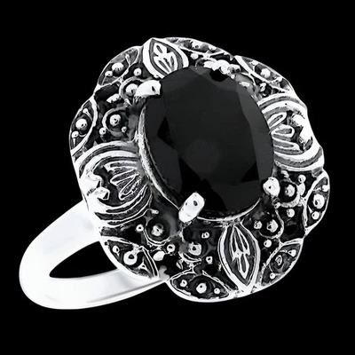 BLACK AGATE ANTIQUE STYLE 925 SOLID STERLING SILVER FLOWER RING        #1072 - Image 1 of 4