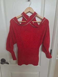 Suéter de hombro frío delantero entrecruzado adornado rojo Venus para mujer, talla pequeña - Imagen 1 de 7
