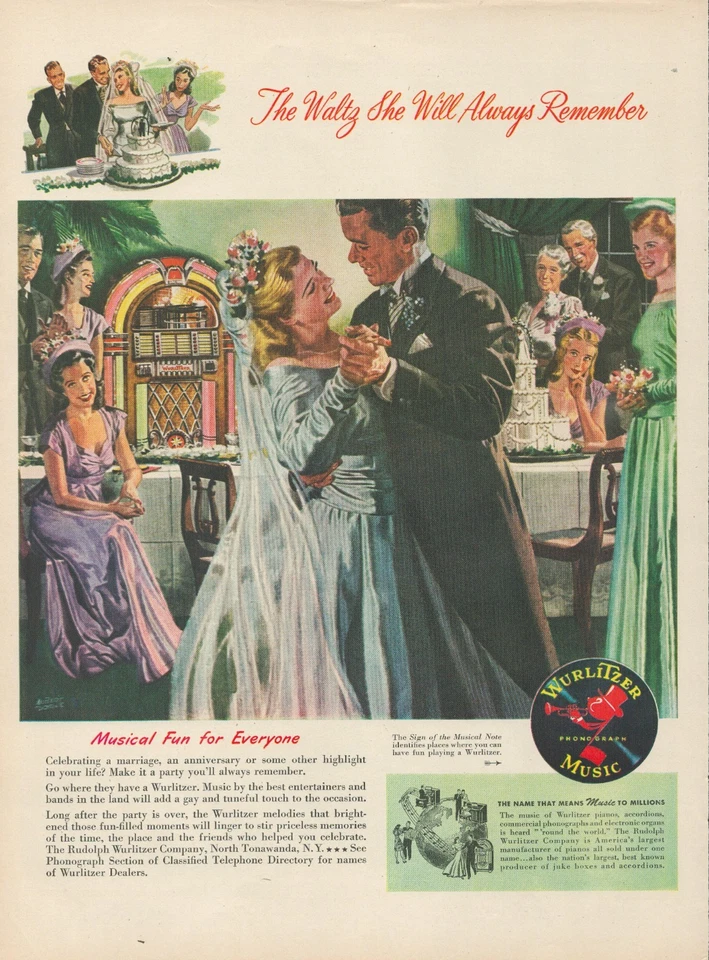 1947 Wurlitzer Jukebox Music The Waltz She Will Always Remember Wedding Print Ad - Image 1 of 1