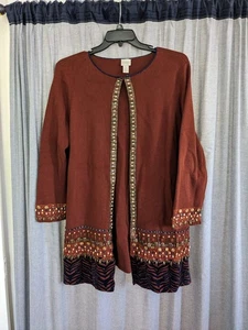 Chicos Strickjacke Damen 3 braun Strick Perlen Samt Akzent Boho vorne offen schwer - Bild 1 von 10