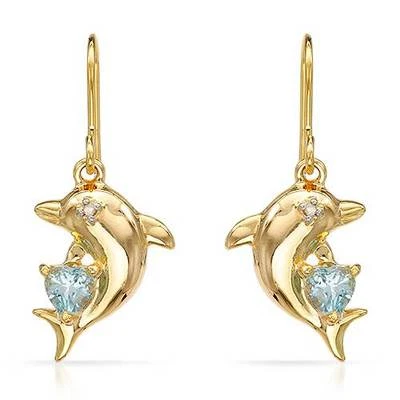 Lovely Dolphin & Heart Earrings With Diamond/Topaz in Gold plated Silver - Image 1 of 2