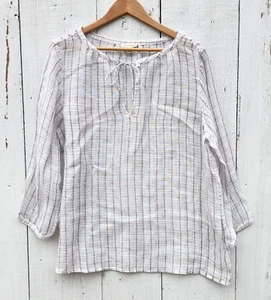 Eileen Fisher Women's 100% Linen White Gray Striped Shirt Blouse Size L - Picture 1 of 9