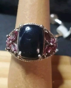 Grande anello sterling "STS" pietra preziosa nera e pietre rodolite viola misura 8,5 - Foto 1 di 9