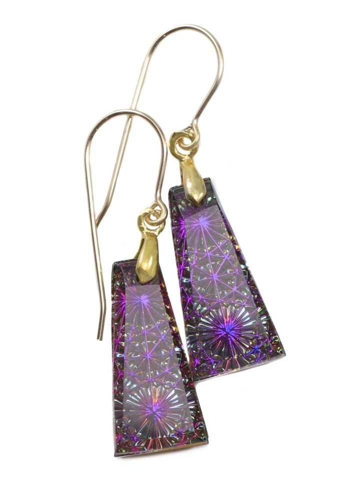 Kaleidoscope Earrings Rectangular Peacock Blue Crystal 14k Solid Gold  Drops - Image 1 of 1