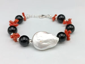Pulsera Mujer Real Perla Akoya Blanca Real Coral Rojo Ónix Negro Plata - Imagen 1 de 10