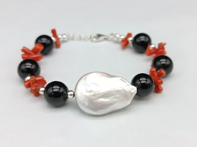 Pulsera Mujer Real Perla Akoya Blanca Real Coral Rojo Ónix Negro Plata - Imagen 1 de 4