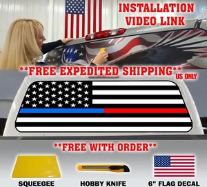 BLUE & RED LINE POLICE  FIREFIGHTER AMERICAN FLAG PICKUP TRUCK REAR WINDOW DECAL - Picture 1 of 8