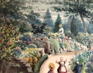 Antique Watercolor Painting Monet Style Gardening Garden Fab Early Art - Picture 1 of 10