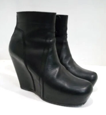 Botas Rick Owens de cuero negro con plataforma de cuña con cremallera botón Popper Reino Unido 4,5 UE 37,5 Foto 1 de 4