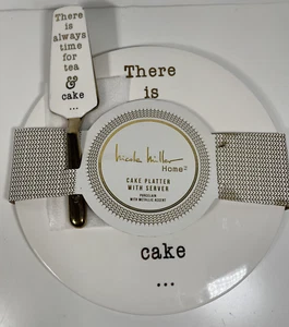 NICOLE MILLER 2 PC WHITE+METALLIC GOLD 11" SERVING CAKE DISH/PLATTER+SERVER NWT - Picture 1 of 7