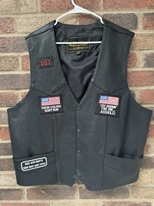 Unik Leather Biker Vest Men 54 Black Snap Close with 8 Patches TX/US Flag 007 - Picture 1 of 10