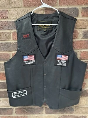 Unik Leather Biker Vest Men 54 Black Snap Close with 8 Patches TX/US Flag 007 - Image 1 of 4