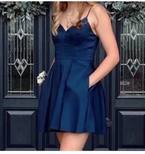 VNaix Navy Shiny Size 2 Satin Strap Mini Formal Party Dress Zip Up Swing - Picture 1 of 9
