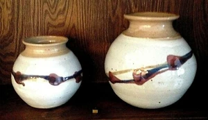 Juego de 2 jarrones Randy Ritter Studio cerámica artística avena moteada 6" y 8" como nuevos - Imagen 1 de 6